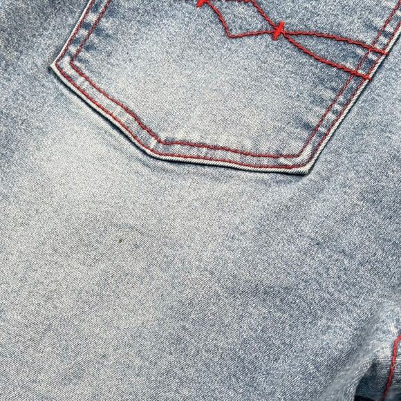 VTG Y2K Mudd Yo! Crop Flare Jeans Low Rise Raw Frayed Waist Red Lace Up Denim 9 - Picture 10 of 11